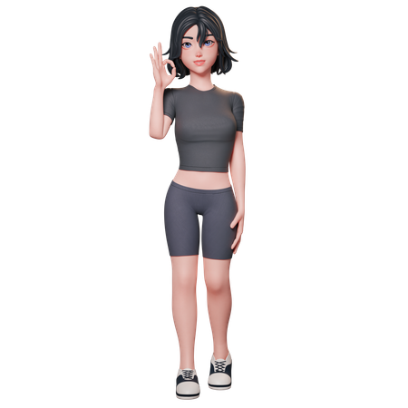 Chica deportista vestida de negro muestra el gesto de aprobación con la mano izquierda  3D Illustration