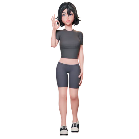 Chica deportista vestida de negro muestra el gesto de aprobación con la mano izquierda  3D Illustration