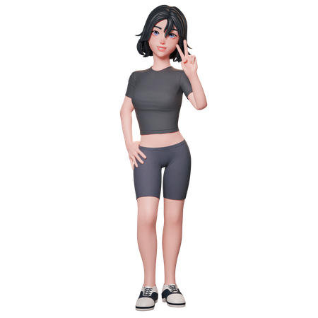 Chica deportista vestida de negro muestra el gesto de la paz con su mano derecha  3D Illustration