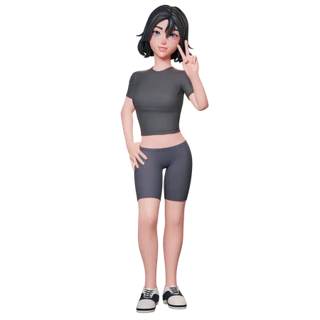 Chica deportista vestida de negro muestra el gesto de la paz con su mano derecha  3D Illustration