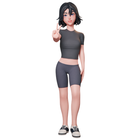 Chica deportista vestida de negro muestra el gesto de la paz con su mano izquierda  3D Illustration