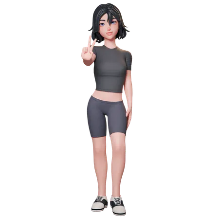 Chica deportista vestida de negro muestra el gesto de la paz con su mano izquierda  3D Illustration