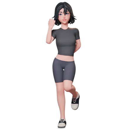 Chica deportista vestida de negro muestra el gesto del puño con la mano izquierda  3D Illustration