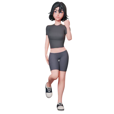 Chica deportista vestida de negro muestra el gesto del puño con su mano derecha  3D Illustration