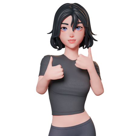 Chica deportista vestida de negro muestra el pulgar hacia arriba con ambas manos  3D Illustration