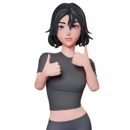 Chica deportista vestida de negro muestra el pulgar hacia arriba con ambas manos  3D Illustration