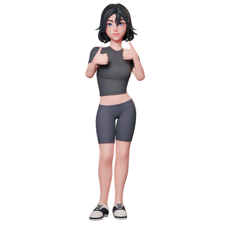 Chica deportista vestida de negro muestra el pulgar hacia arriba con ambas manos  3D Illustration