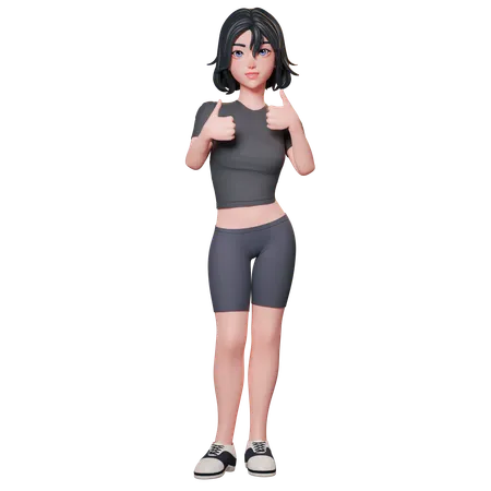 Chica deportista vestida de negro muestra el pulgar hacia arriba con ambas manos  3D Illustration