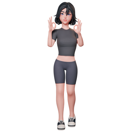 Chica deportista vestida de negro muestra el gesto de aprobación con ambas manos  3D Illustration