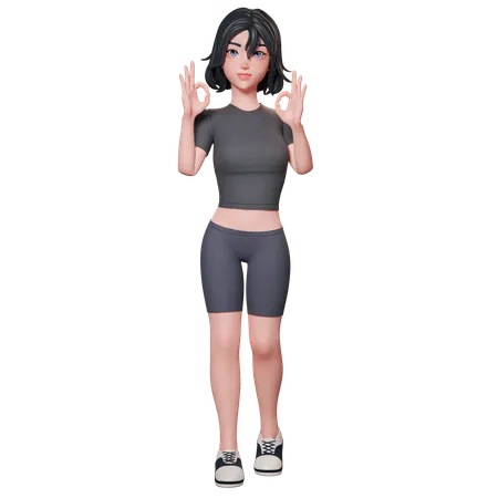 Chica deportista vestida de negro muestra el gesto de aprobación con ambas manos  3D Illustration