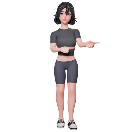 Chica deportista vestida de negro señalando el lado derecho con ambas manos  3D Illustration