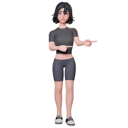 Chica deportista vestida de negro señalando el lado derecho con ambas manos  3D Illustration