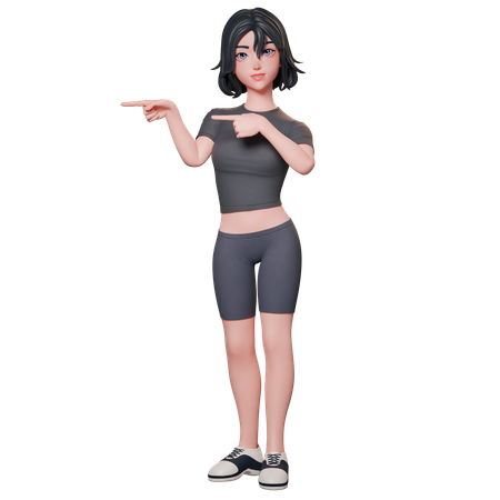 Chica deportista vestida de negro señalando el lado izquierdo usando ambas manos  3D Illustration