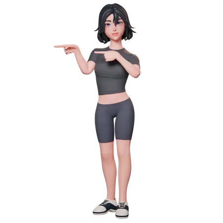 Chica deportista vestida de negro señalando el lado izquierdo usando ambas manos  3D Illustration