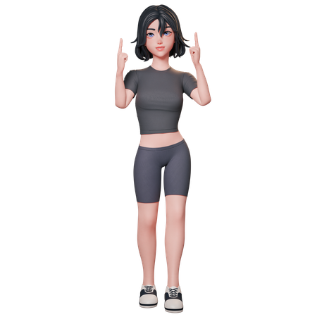 Chica deportista vestida de negro señalando hacia arriba usando ambas manos  3D Illustration