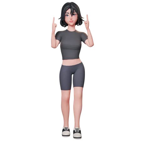 Chica deportista vestida de negro señalando hacia arriba usando ambas manos  3D Illustration