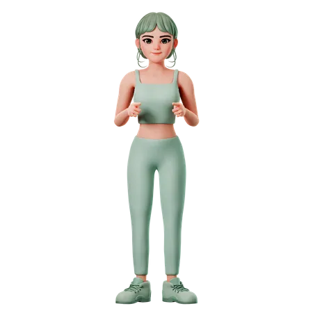 Chica deportiva apuntando al frente con ambas manos  3D Illustration