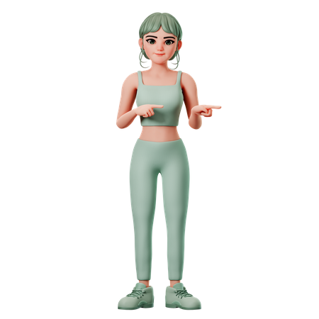 Chica deportiva apuntando hacia el lado derecho con ambas manos  3D Illustration