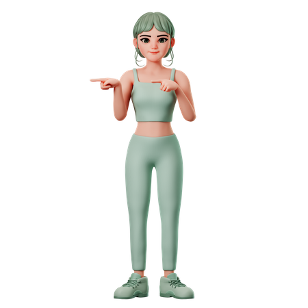 Chica deportiva apuntando hacia el lado izquierdo con ambas manos  3D Illustration