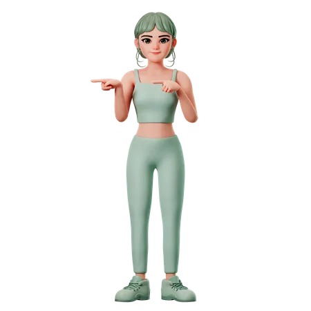 Chica deportiva apuntando hacia el lado izquierdo con ambas manos  3D Illustration