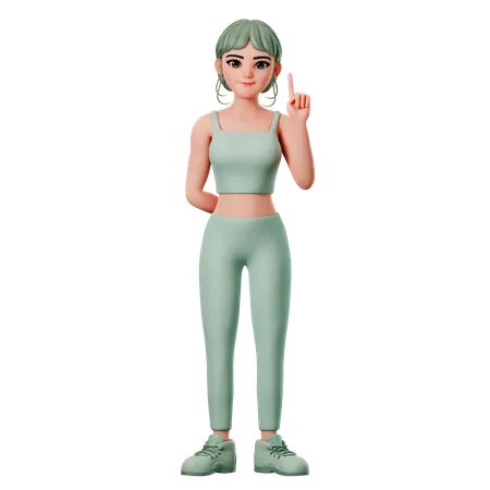 Chica deportiva apuntando hacia el lado superior con la mano derecha  3D Illustration