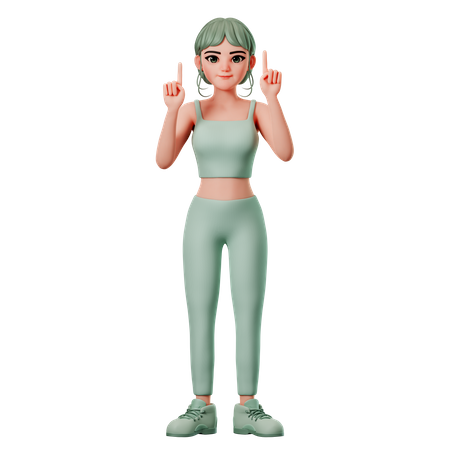 Chica deportiva apuntando hacia la parte superior con ambas manos  3D Illustration