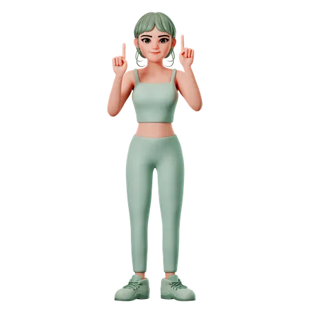 Chica deportiva apuntando hacia la parte superior con ambas manos  3D Illustration