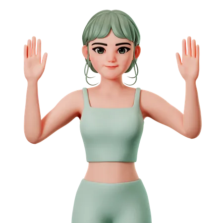 Chica deportiva levanta ambas manos  3D Illustration