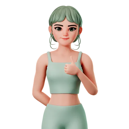 Chica deportiva mostrando gesto de pulgar hacia arriba con la mano derecha  3D Illustration