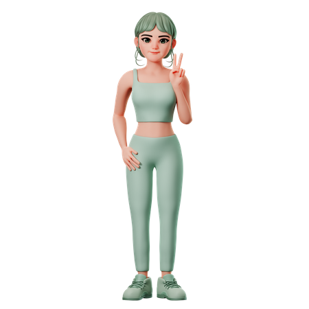 Chica deportiva mostrando gesto de paz con la mano derecha  3D Illustration