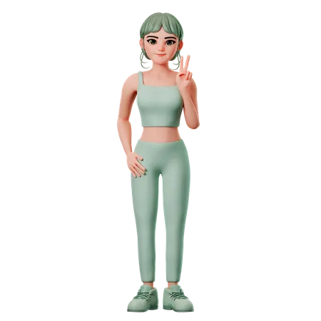 Chica deportiva mostrando gesto de paz con la mano derecha  3D Illustration