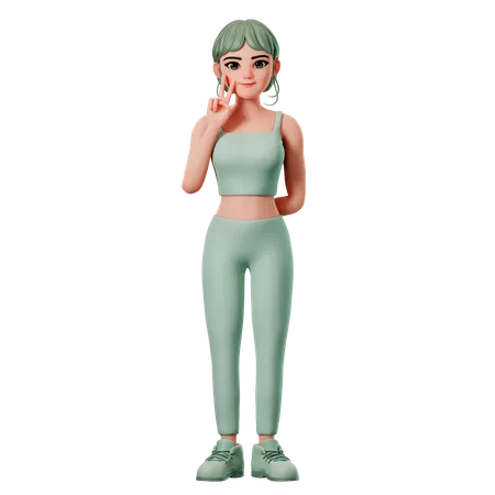 Chica deportiva mostrando gesto de paz con la mano izquierda  3D Illustration