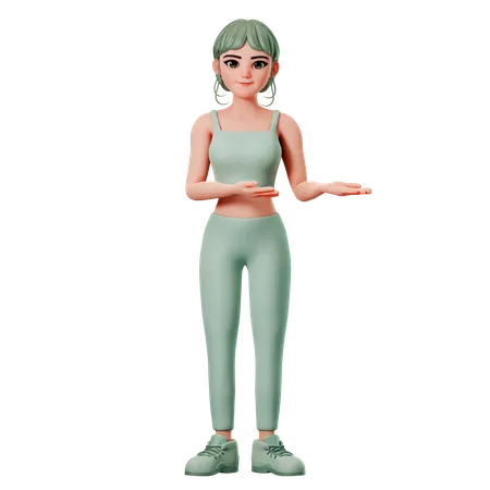 Chica deportiva presentando hacia el lado derecho usando ambas manos  3D Illustration