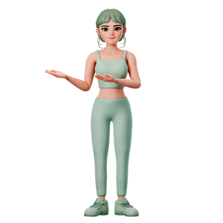 Chica deportiva presentando hacia el lado izquierdo usando ambas manos  3D Illustration