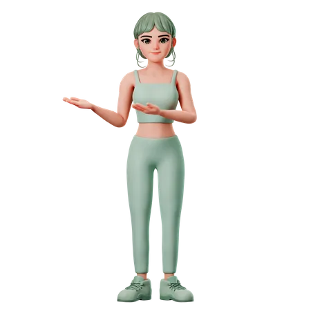 Chica deportiva presentando hacia el lado izquierdo usando ambas manos  3D Illustration
