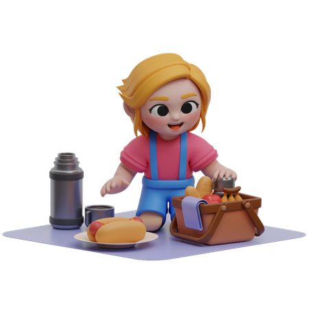 Niña disfrutando de un picnic con comida  3D Illustration