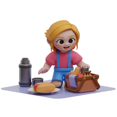 Niña disfrutando de un picnic con comida  3D Illustration