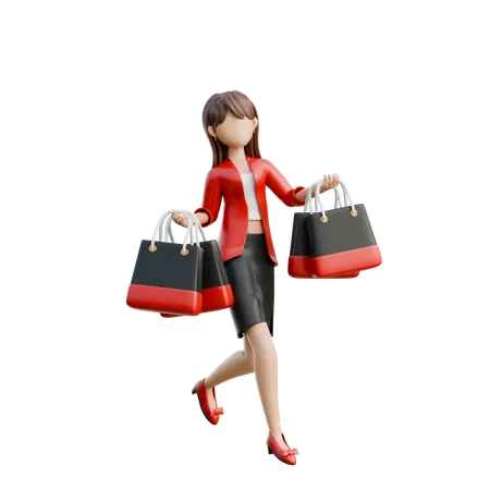 Chica emocionada sosteniendo bolsas de compras  3D Illustration