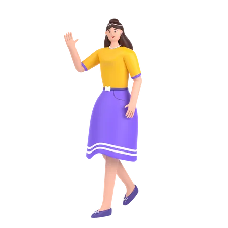 Chica en pose de caminar y saludando con la mano  3D Illustration