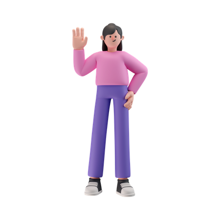 Chica en pose de caminar y saludando con la mano  3D Illustration