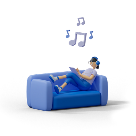 Chica escuchando música en el sofá  3D Illustration
