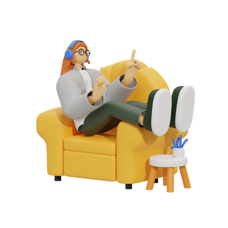Chica escuchando una canción en el sofá  3D Illustration