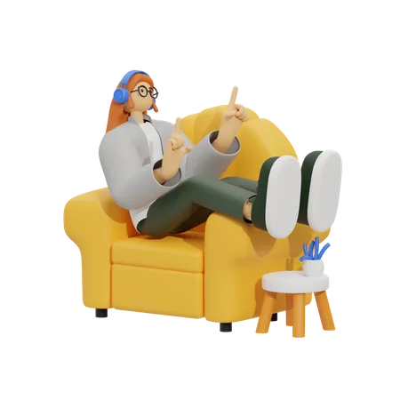 Chica escuchando una canción en el sofá  3D Illustration