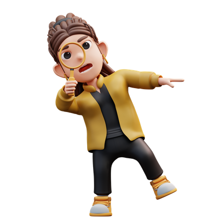Chica estilista parada sosteniendo una lupa para análisis  3D Icon