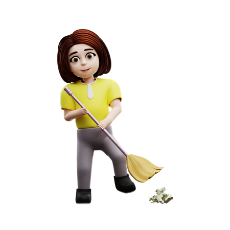 Chica estudiante barriendo  3D Illustration