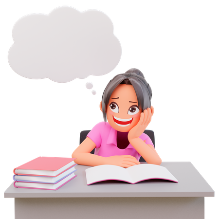 Chica estudiante pensando algo mientras estudia en el escritorio  3D Icon