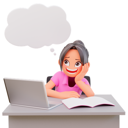 Chica estudiante pensando algo mientras estudia en el escritorio  3D Icon