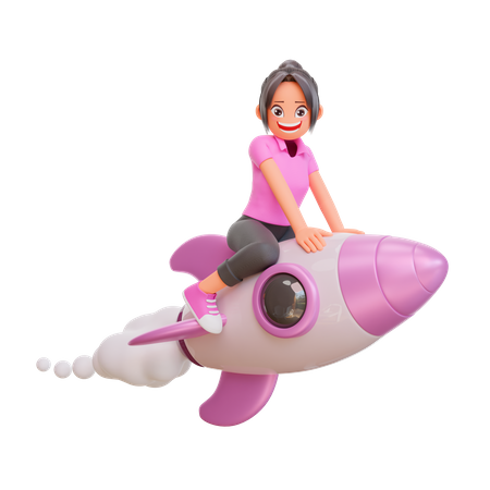 Chica estudiante volando en cohete  3D Illustration