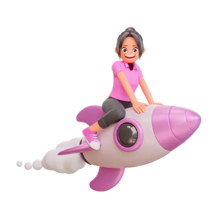 Ilustracion Chicas Lindas Esta Volando En Un Cohete 3D Illustration