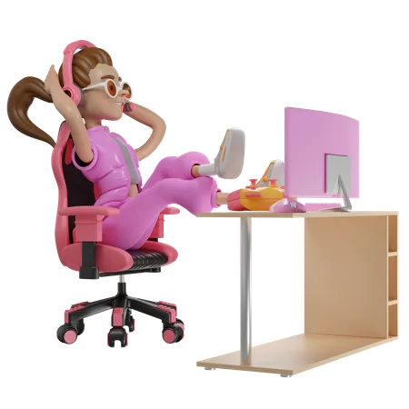Chica Gamer Descansando En Su Computadora 3D Illustration